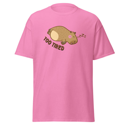 The Too Tired T-Shirt by FunnyDripStore is a white tee with a cute cartoon capybara sleeping on its side and TOO TIRED text—ideal for fans of funny clothing and charming, sleepy vibes.