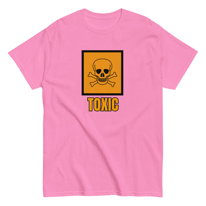The FunnyDripStore Toxic T-Shirt features a bold yellow square with a black skull and crossbones above TOXIC in yellow on the front. This black meme shirt is perfect for those who love humorous clothing.