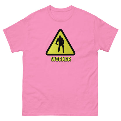 The Worker T-Shirt by FunnyDripStore features a yellow triangular warning sign with a worker silhouette and bold yellow WORKER text on black—a funny shirt for anyone who enjoys meme apparel and humorous graphic tees.