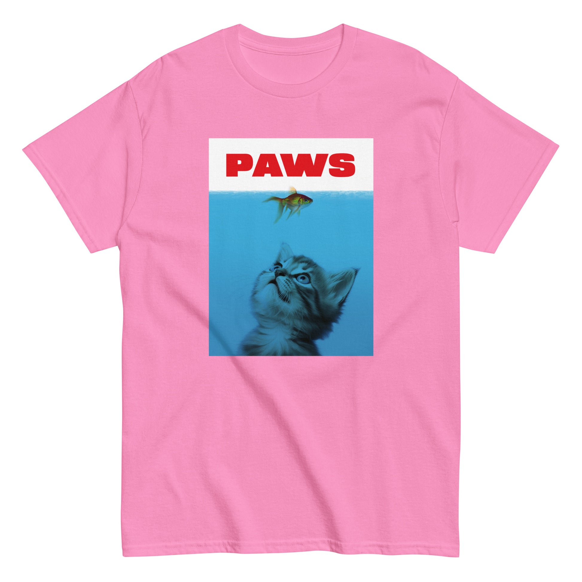 The Paws T-Shirt by FunnyDripStore features a kitten underwater eyeing a goldfish, with PAWS in bold red— a humorous meme shirt parodying the classic Jaws poster.