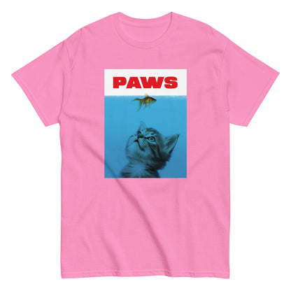 The Paws T-Shirt by FunnyDripStore features a kitten underwater eyeing a goldfish, with PAWS in bold red— a humorous meme shirt parodying the classic Jaws poster.
