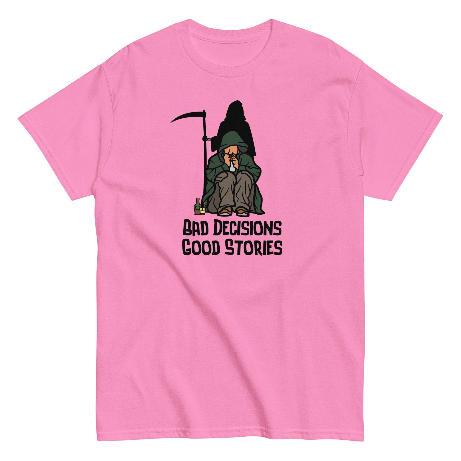 The FunnyDripStore Bad Decisions Good Stories T-Shirt is a white tee featuring a cartoon Grim Reaper with a drink and cigarette, plus bold text—perfect for fans of witty and funny style.