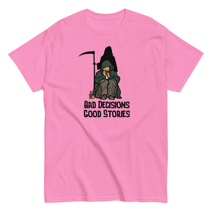 The FunnyDripStore Bad Decisions Good Stories T-Shirt is a white tee featuring a cartoon Grim Reaper with a drink and cigarette, plus bold text—perfect for fans of witty and funny style.