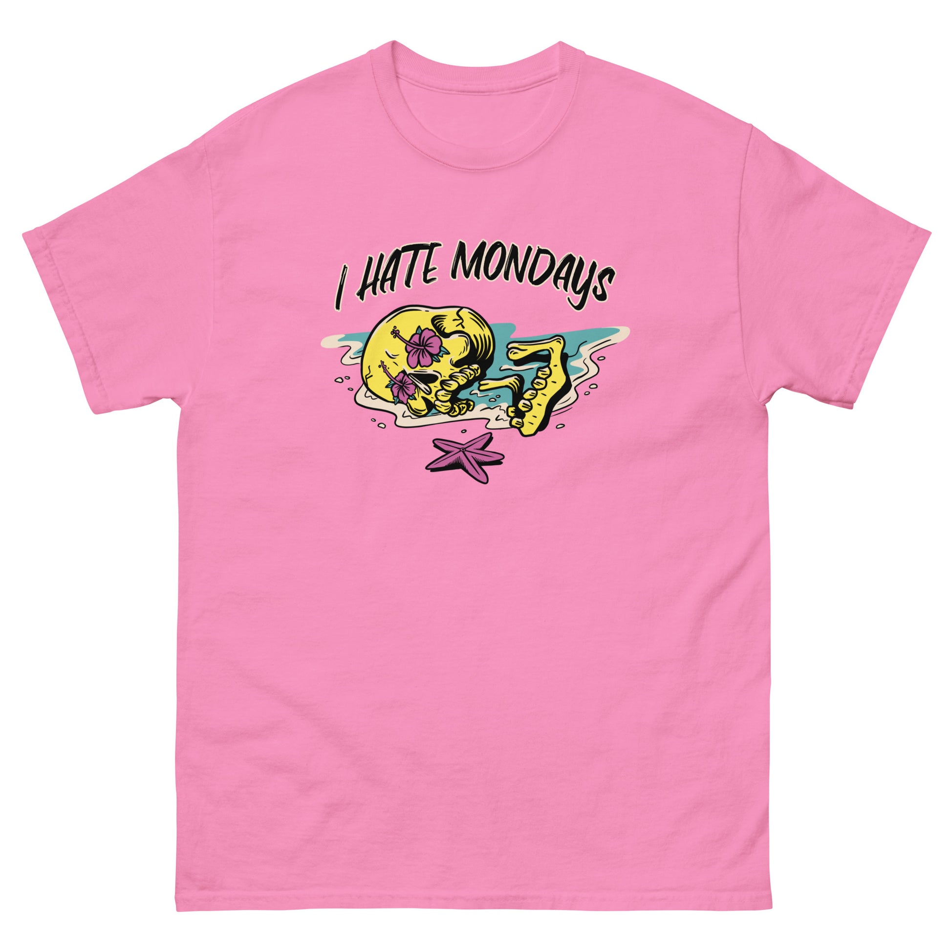 The FunnyDripStore I Hate Mondays T-Shirt in white features a cartoon skeleton lounging on the beach with sunglasses, drink, and starfish, plus bold I HATE MONDAYS text—a perfect funny merch gift.