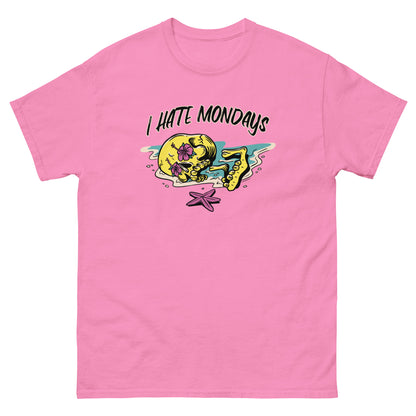 The FunnyDripStore I Hate Mondays T-Shirt in white features a cartoon skeleton lounging on the beach with sunglasses, drink, and starfish, plus bold I HATE MONDAYS text—a perfect funny merch gift.