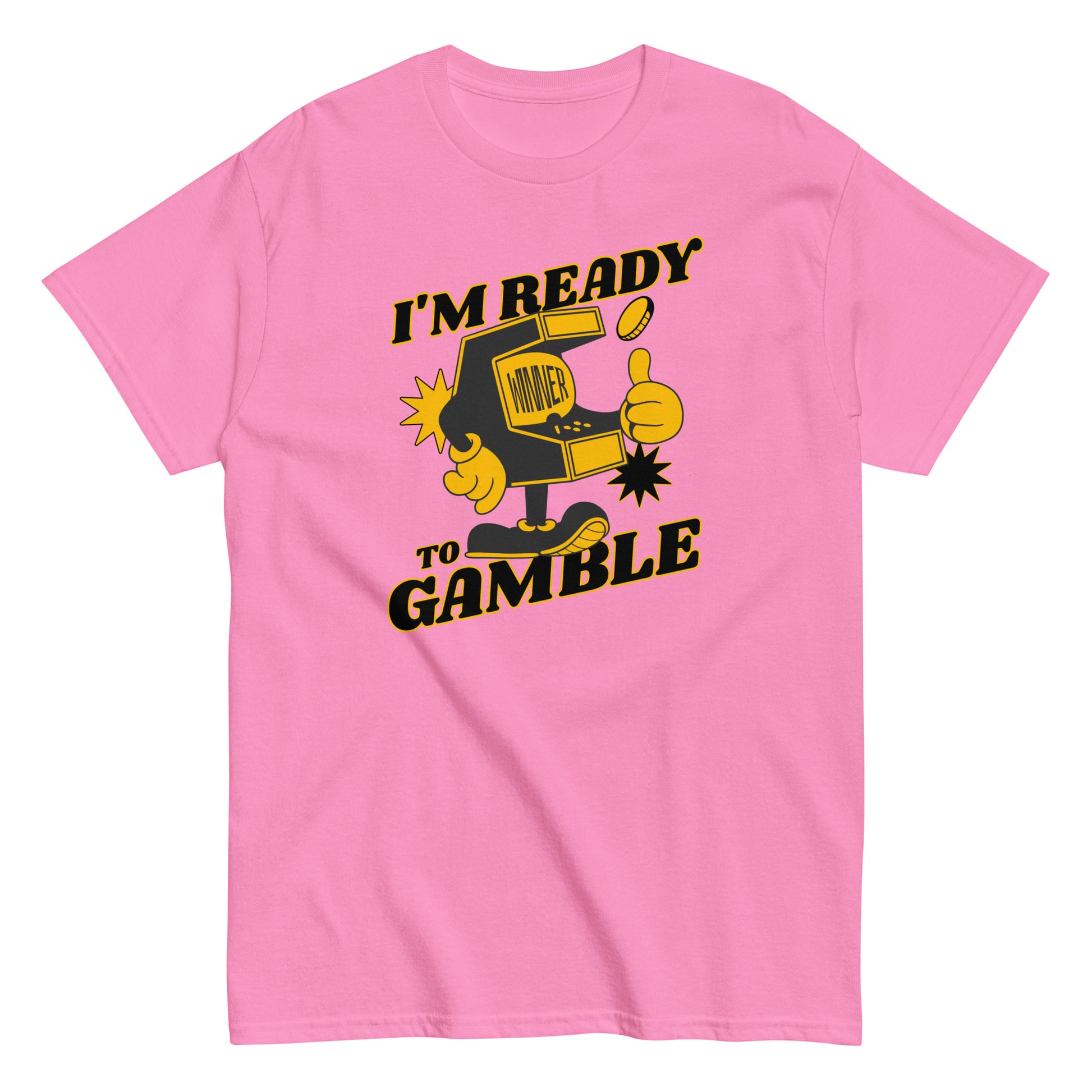 The Im Ready To Gamble T-Shirt by FunnyDripStore comes in gold and features a cartoon slot machine giving a thumbs up with coins, stars, and bold IM READY TO GAMBLE text—perfect for fans of unique and funny clothing.