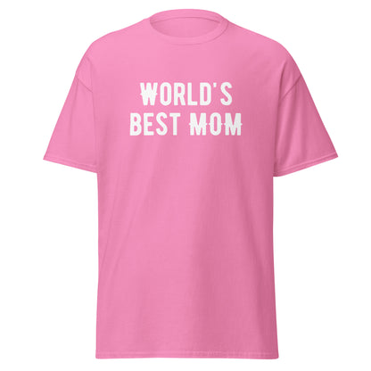 The FunnyDripStore Worlds Best Mom T-Shirt in cardinal features bold white lettering—ideal funny merch for those seeking meme-style or humorous clothing for moms.