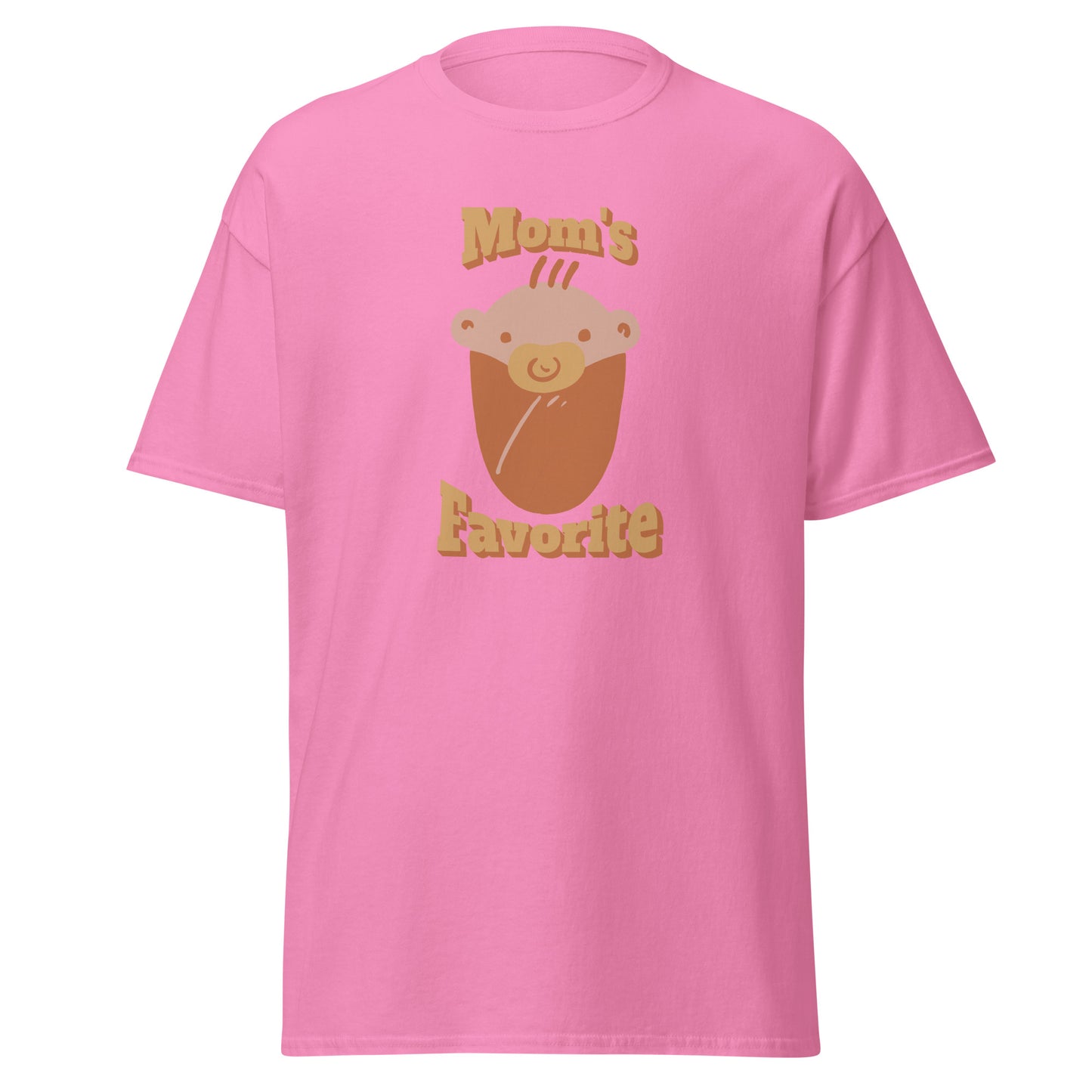 FunnyDripStore’s Moms Favorite T-Shirt in black features a cartoon baby face with a pacifier and “Moms Favorite” text in light brown—a playful, funny tee perfect for anyone who loves to show off their sense of humor!.