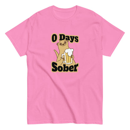 The 0 Days Sober T-Shirt by FunnyDripStore features a cartoon meerkat with a beer mug and bold 0 Days Sober text, printed on a navy shirt—ideal quirky, funny clothing for fans of humorous style.
