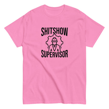 The Shitshow Supervisor T-Shirt by FunnyDripStore features “SHITSHOW SUPERVISOR” in white and a supervisor line drawing—perfect funny merch for meme lovers seeking humor tees.