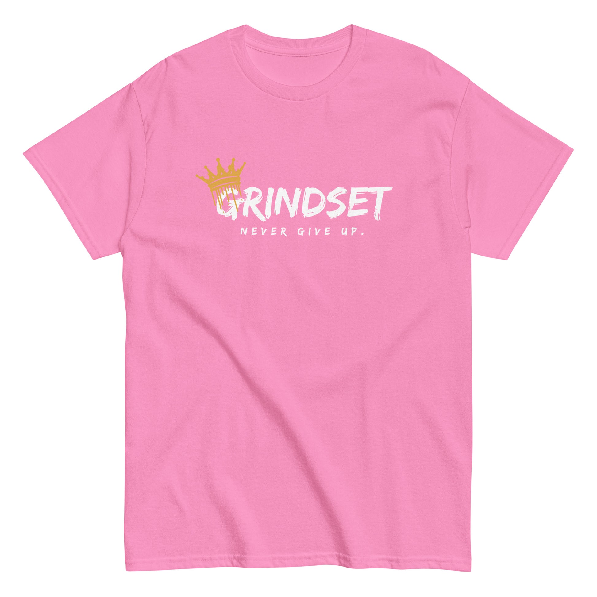 The Grindset T-Shirt by FunnyDripStore is a purple tee featuring GRINDSET in bold white letters with a gold crown over the G, and NEVER GIVE UP. below—ideal for fans of clever text shirts.