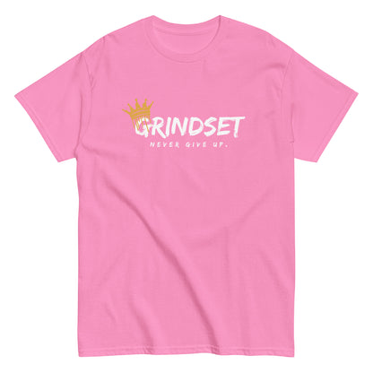 The Grindset T-Shirt by FunnyDripStore is a purple tee featuring GRINDSET in bold white letters with a gold crown over the G, and NEVER GIVE UP. below—ideal for fans of clever text shirts.