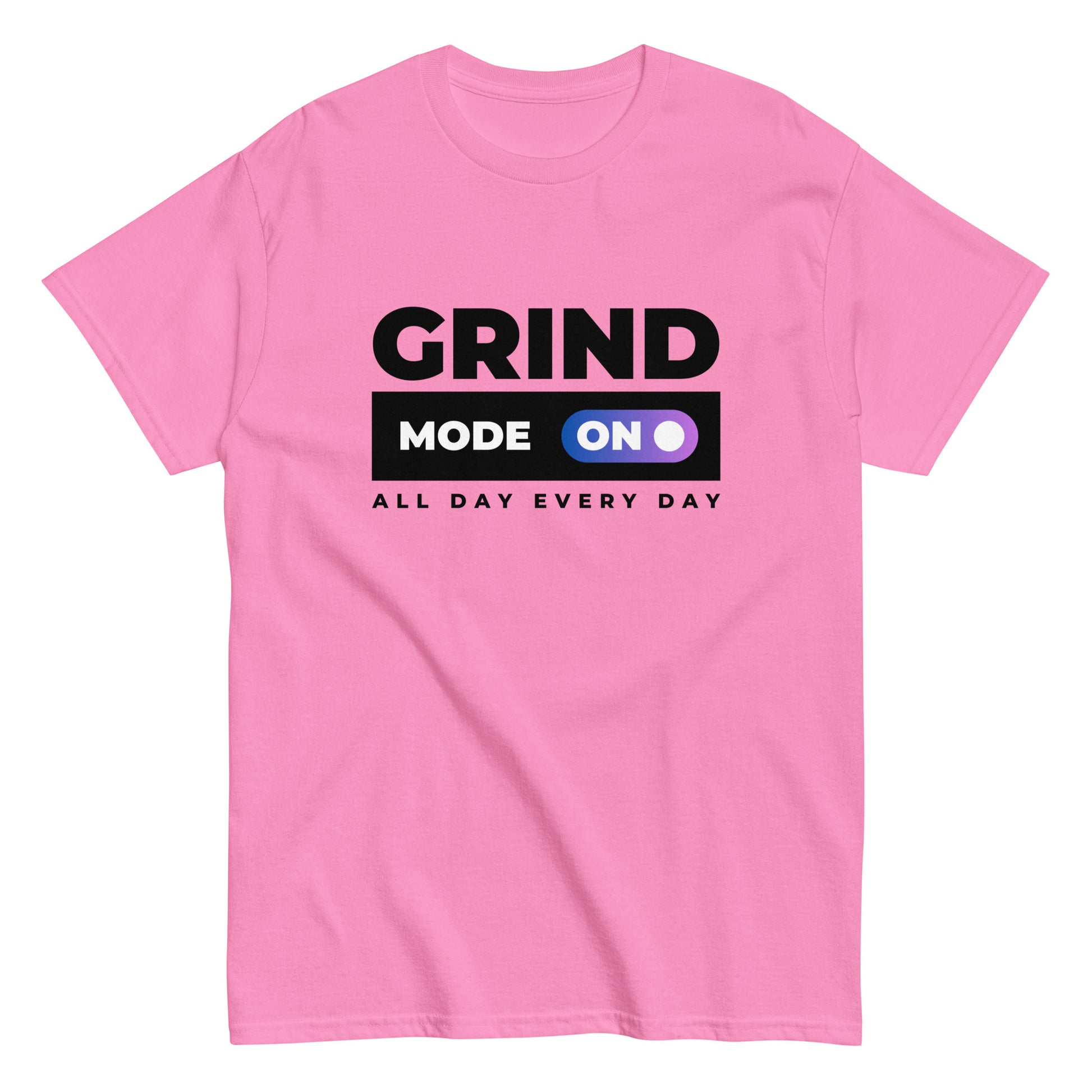 The Grind Mode On T-Shirt by FunnyDripStore features bold black GRIND MODE text with a purple ON switch icon on white. Below, ALL DAY EVERY DAY appears in smaller black text—a fun pick for nonstop hustlers.