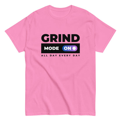 The Grind Mode On T-Shirt by FunnyDripStore features bold black GRIND MODE text with a purple ON switch icon on white. Below, ALL DAY EVERY DAY appears in smaller black text—a fun pick for nonstop hustlers.
