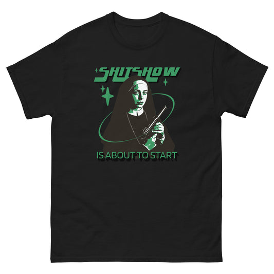 The Shitshow T-Shirt by FunnyDripStore features a nun with a gun, green stars, and bold “SHITSHOW” and “IS ABOUT TO START” text—an edgy, funny tee perfect for humor lovers.