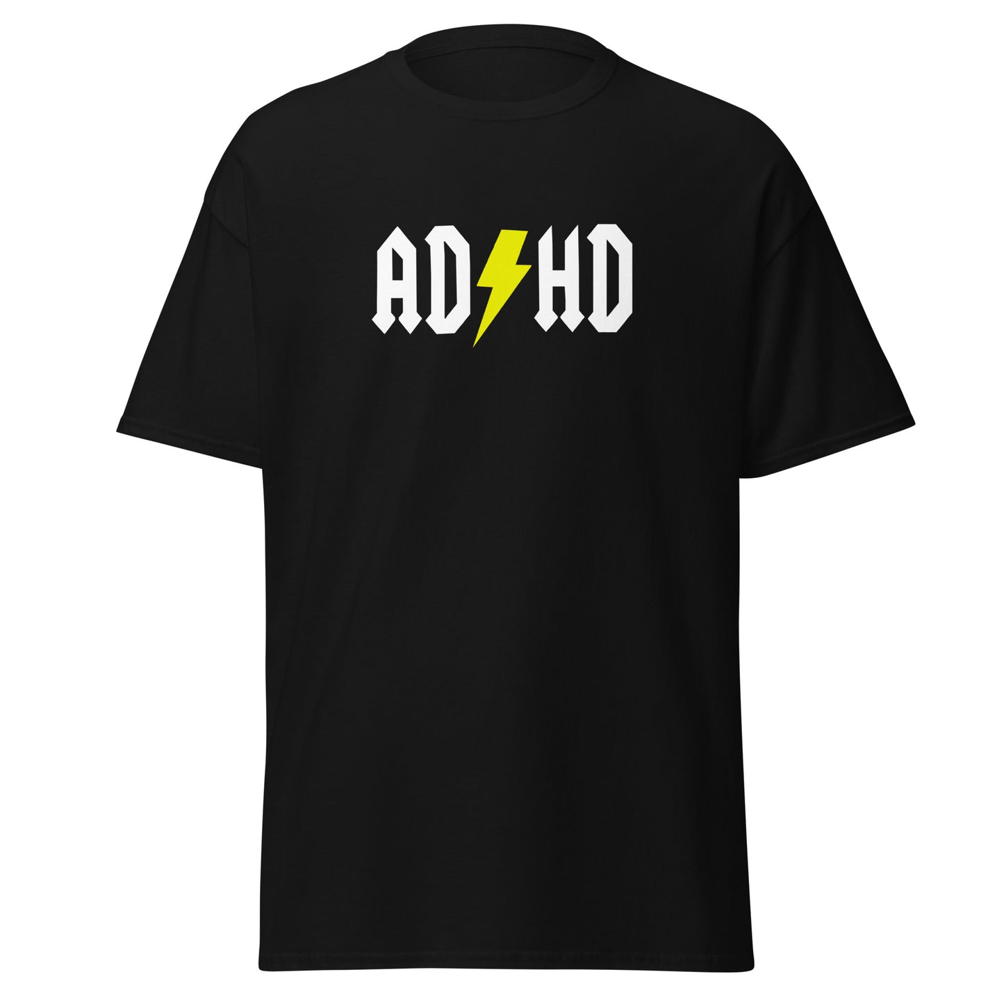 The ADHD T-Shirt by FunnyDripStore features ADHD in bold white letters with a yellow lightning bolt as the second H, styled like the AC/DC logo—a great gift for anyone who loves funny graphic tees.