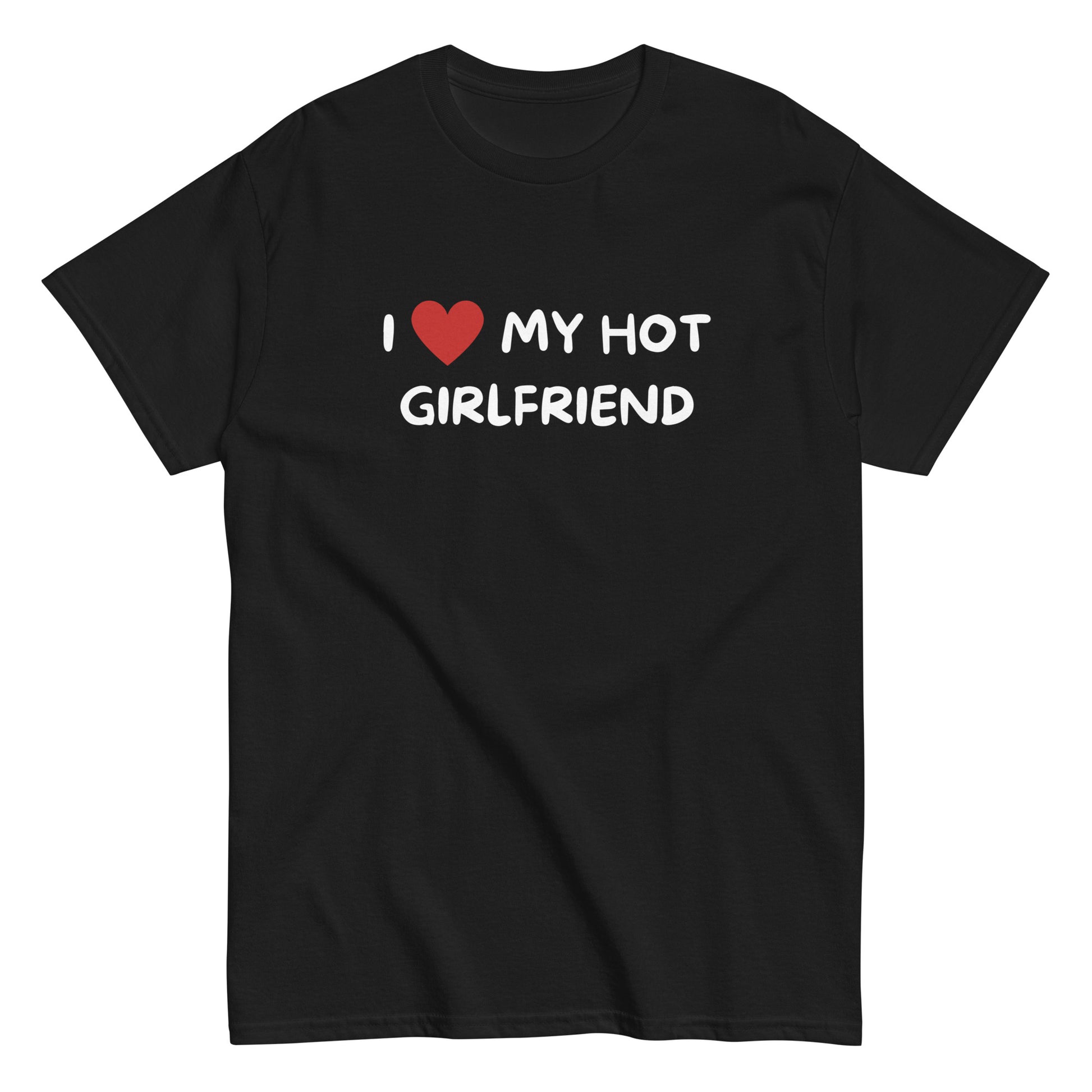 The I Love My Hot Girlfriend T-Shirt by FunnyDripStore features bold white lettering and a red heart on a purple shirt—a fun, standout choice for anyone who loves quirky and eye-catching clothing.
