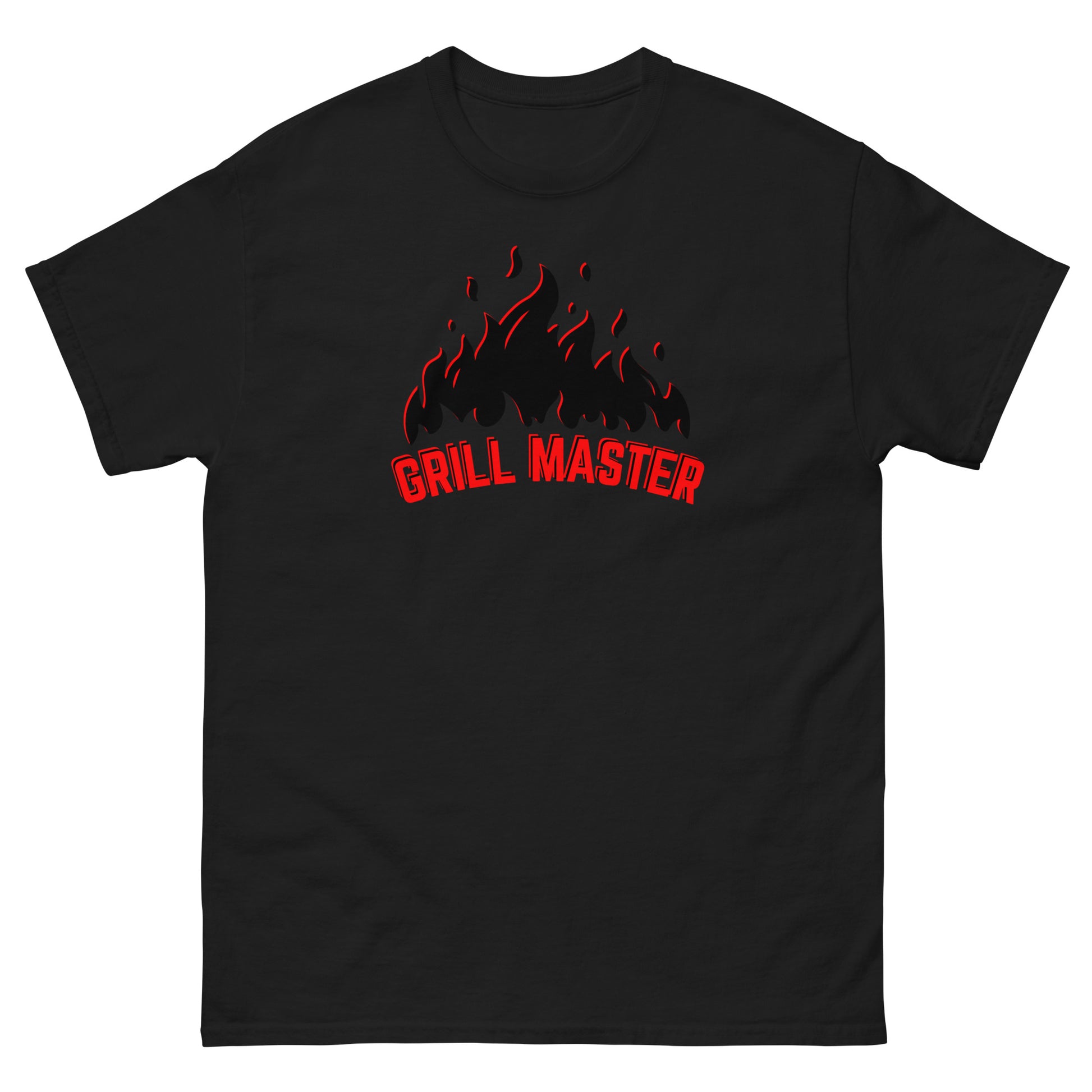 The Grill Master T-Shirt by FunnyDripStore: a yellow tee with black flames above bold red GRILL MASTER text—funny merch perfect for any BBQ lover.