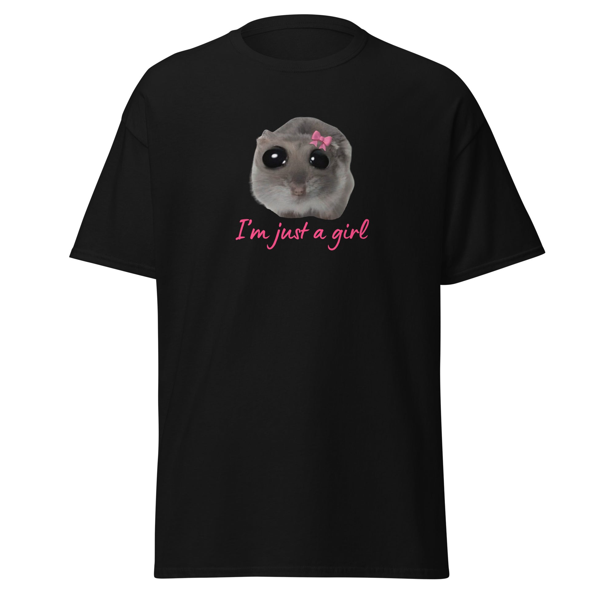 The Im Just A Girl T-Shirt from FunnyDripStore features a cute hamster with a pink bow and large eyes, plus “Im just a girl” in pink cursive—perfect for anyone who loves adorable, quirky text shirts.