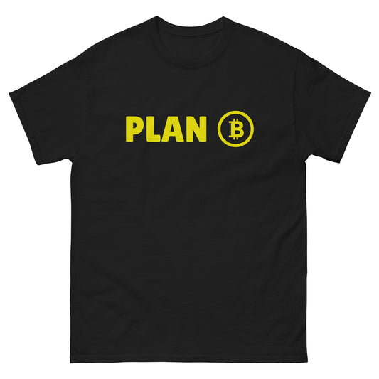 The Plan B T-Shirt from FunnyDripStore features PLAN in bold yellow letters and a yellow Bitcoin symbol inside a circle on the chest—a fun meme shirt perfect for fans of funny clothing.