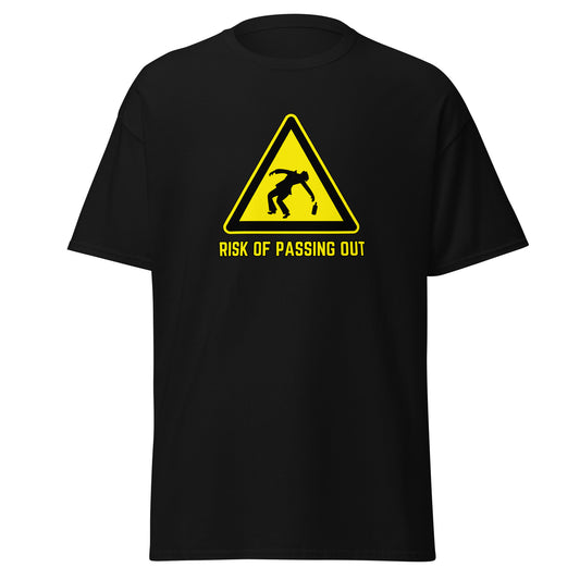 The Risk Of Passing Out T-Shirt by FunnyDripStore is a black tee with a yellow warning sign and “RISK OF PASSING OUT” text—a perfect meme shirt for fans of bold, humorous style.