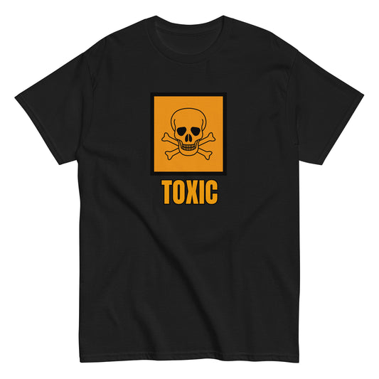 The FunnyDripStore Toxic T-Shirt features a bold yellow square with a black skull and crossbones above TOXIC in yellow on the front. This black meme shirt is perfect for those who love humorous clothing.
