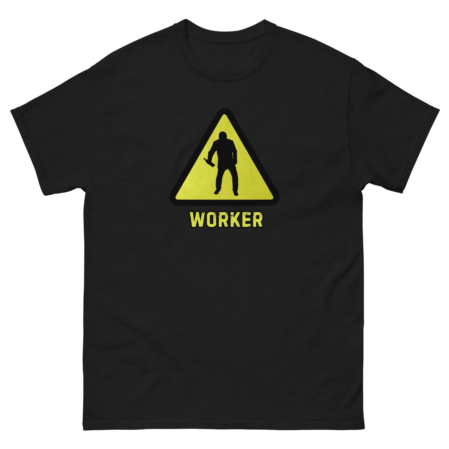 The Worker T-Shirt by FunnyDripStore features a yellow triangular warning sign with a worker silhouette and bold yellow WORKER text on black—a funny shirt for anyone who enjoys meme apparel and humorous graphic tees.
