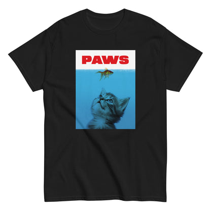 The Paws T-Shirt features a kitten underwater eyeing a goldfish, with PAWS in bold red— a humorous meme shirt parodying the classic Jaws poster.