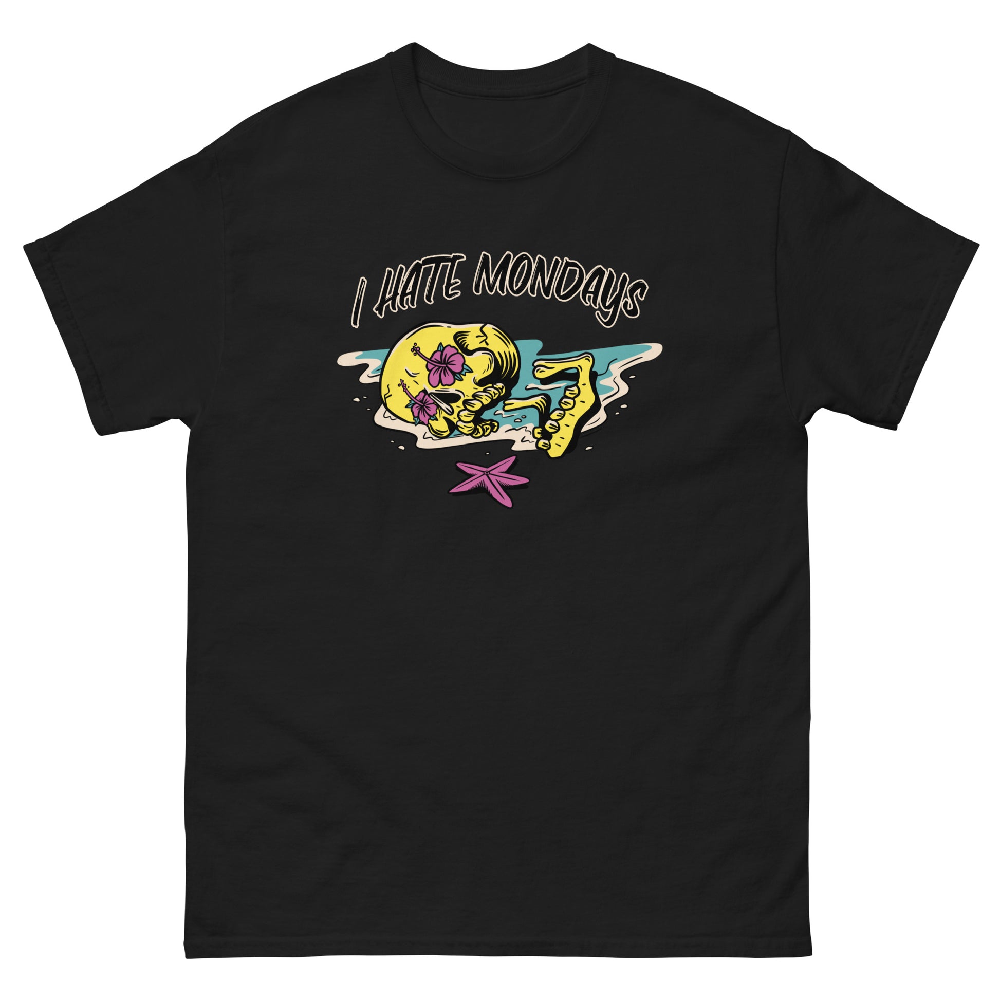 The FunnyDripStore I Hate Mondays T-Shirt in white features a cartoon skeleton lounging on the beach with sunglasses, drink, and starfish, plus bold I HATE MONDAYS text—a perfect funny merch gift.