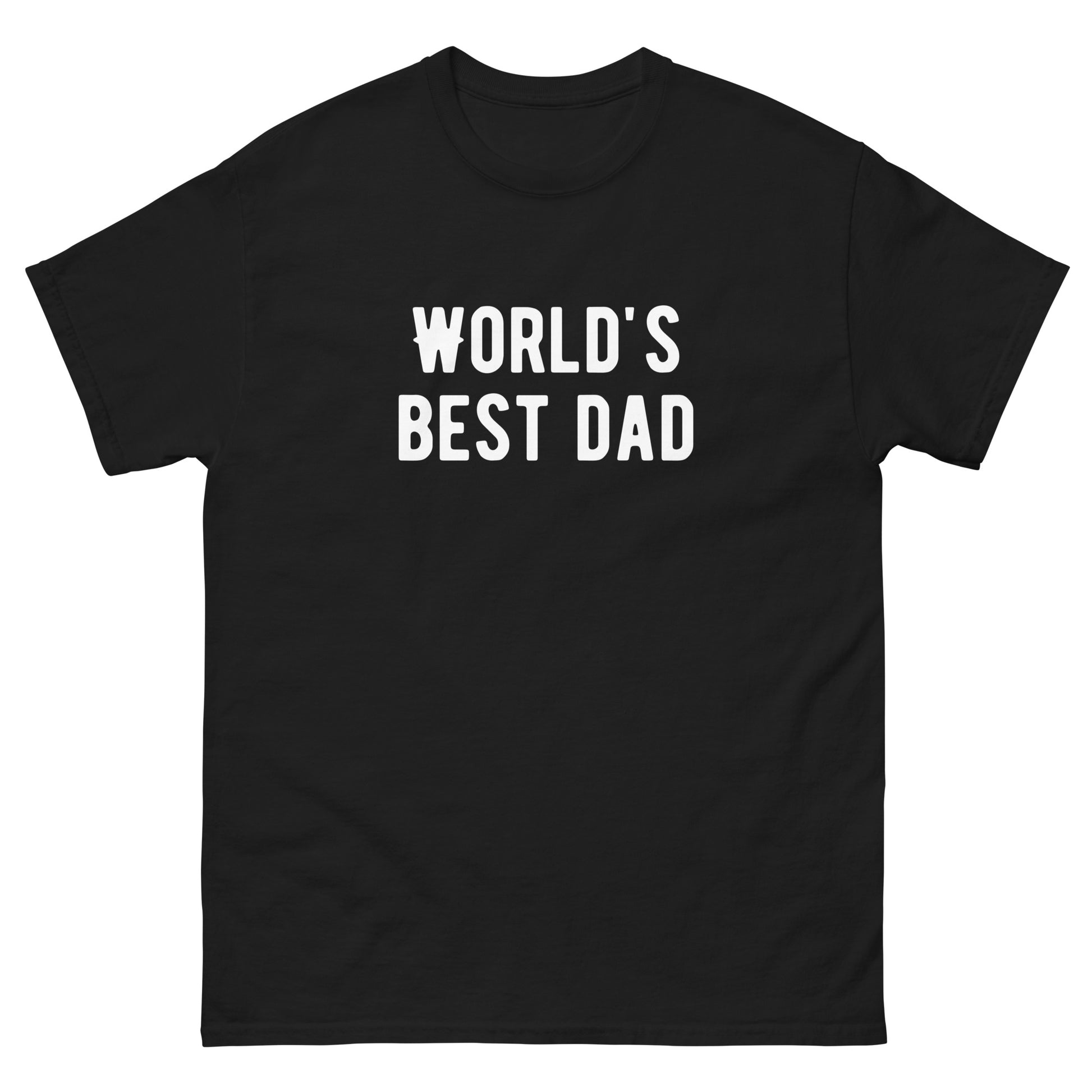 The FunnyDripStore Worlds Best Dad T-Shirt in navy features WORLDS BEST DAD in bold white letters, with the W styled as a mustache—a funny, unique gift for dads who love humorous clothing.