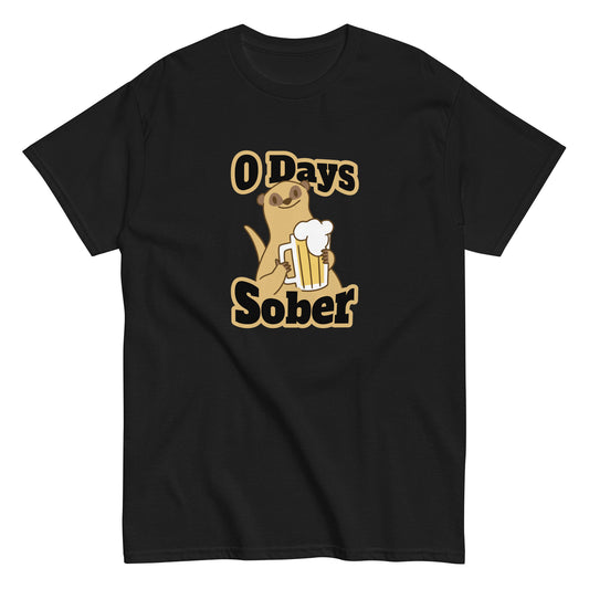 The 0 Days Sober T-Shirt by FunnyDripStore features a cartoon meerkat with a beer mug and bold 0 Days Sober text, printed on a navy shirt—ideal quirky, funny clothing for fans of humorous style.