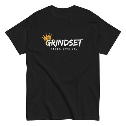 The Grindset T-Shirt by FunnyDripStore is a purple tee featuring GRINDSET in bold white letters with a gold crown over the G, and NEVER GIVE UP. below—ideal for fans of clever text shirts.