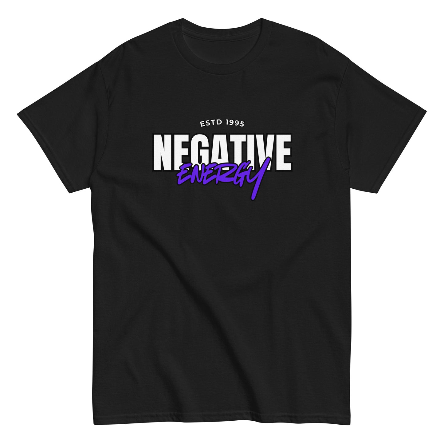 The Negative Energy T-Shirt by FunnyDripStore is a white tee featuring bold black and purple ESTD 1996 NEGATIVE ENERGY lettering—perfect for fans of witty, playful merch.