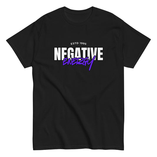 The Negative Energy T-Shirt by FunnyDripStore is a white tee featuring bold black and purple ESTD 1996 NEGATIVE ENERGY lettering—perfect for fans of witty, playful merch.