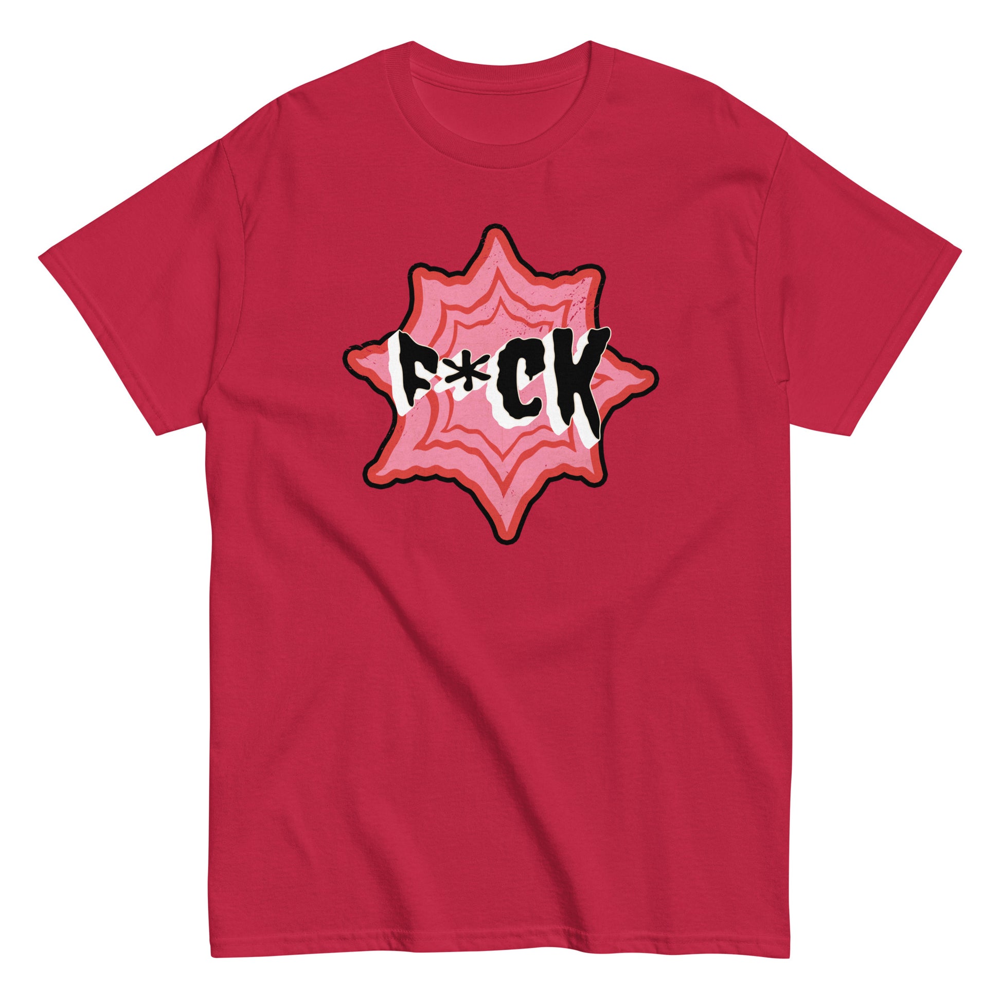 The F*ck T-Shirt by FunnyDripStore is a black tee with F*CK in bold black and white letters, a red asterisk as the U, all centered in a jagged red and pink starburst—a standout funny merch item.