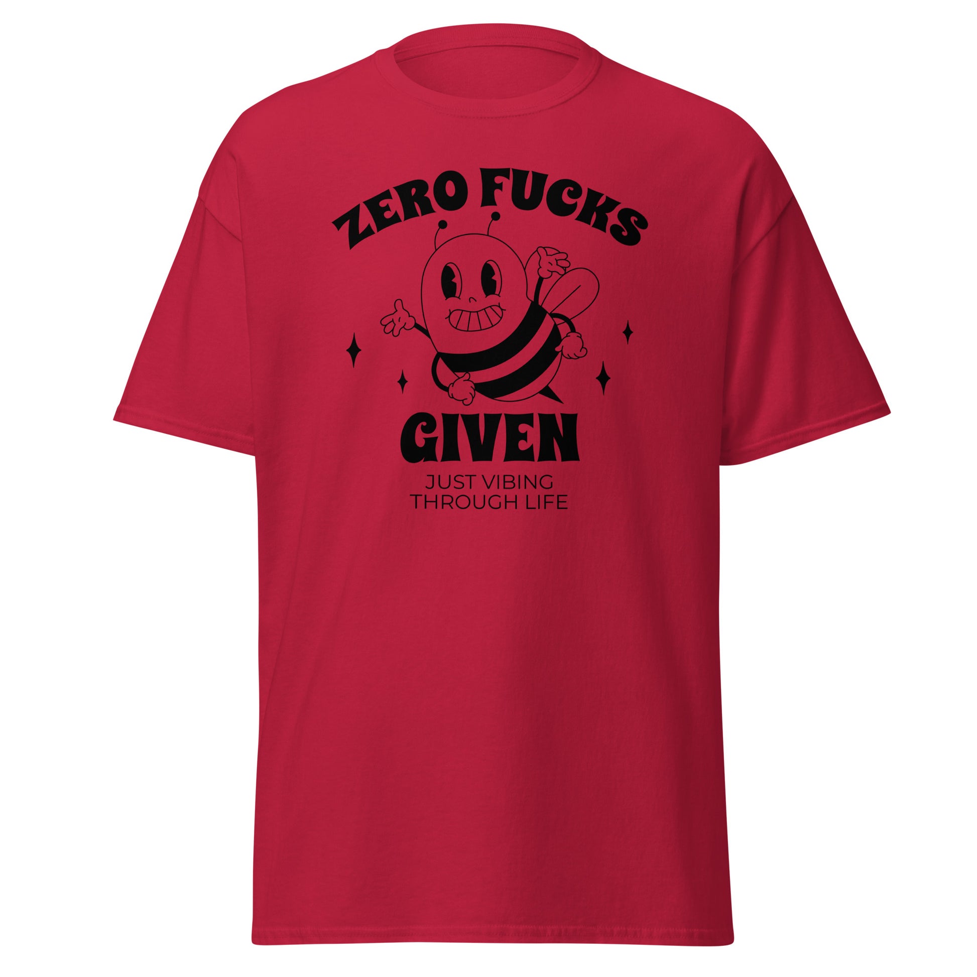 The Zero F*cks Given T-Shirt by FunnyDripStore features a smiling cartoon bee with raised arms, black sparkles, and ZERO F*CKS GIVEN plus JUST VIBING THROUGH LIFE—a perfect funny shirt for meme lovers.