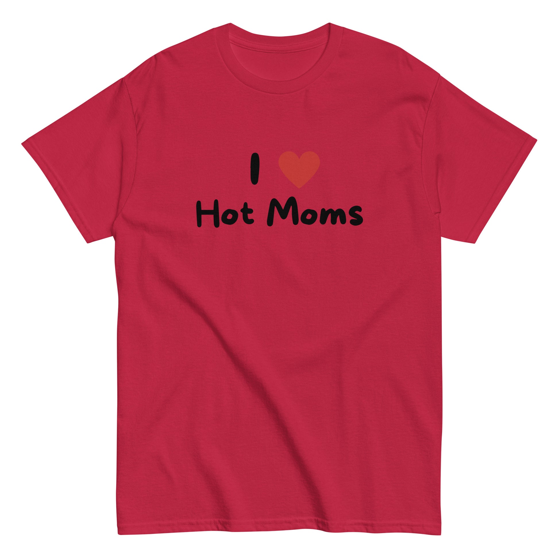 The I Love Hot Moms T-Shirt by FunnyDripStore is a purple tee featuring I [heart] Hot Moms in white text with a red heart—a playful, funny shirt perfect for your collection.