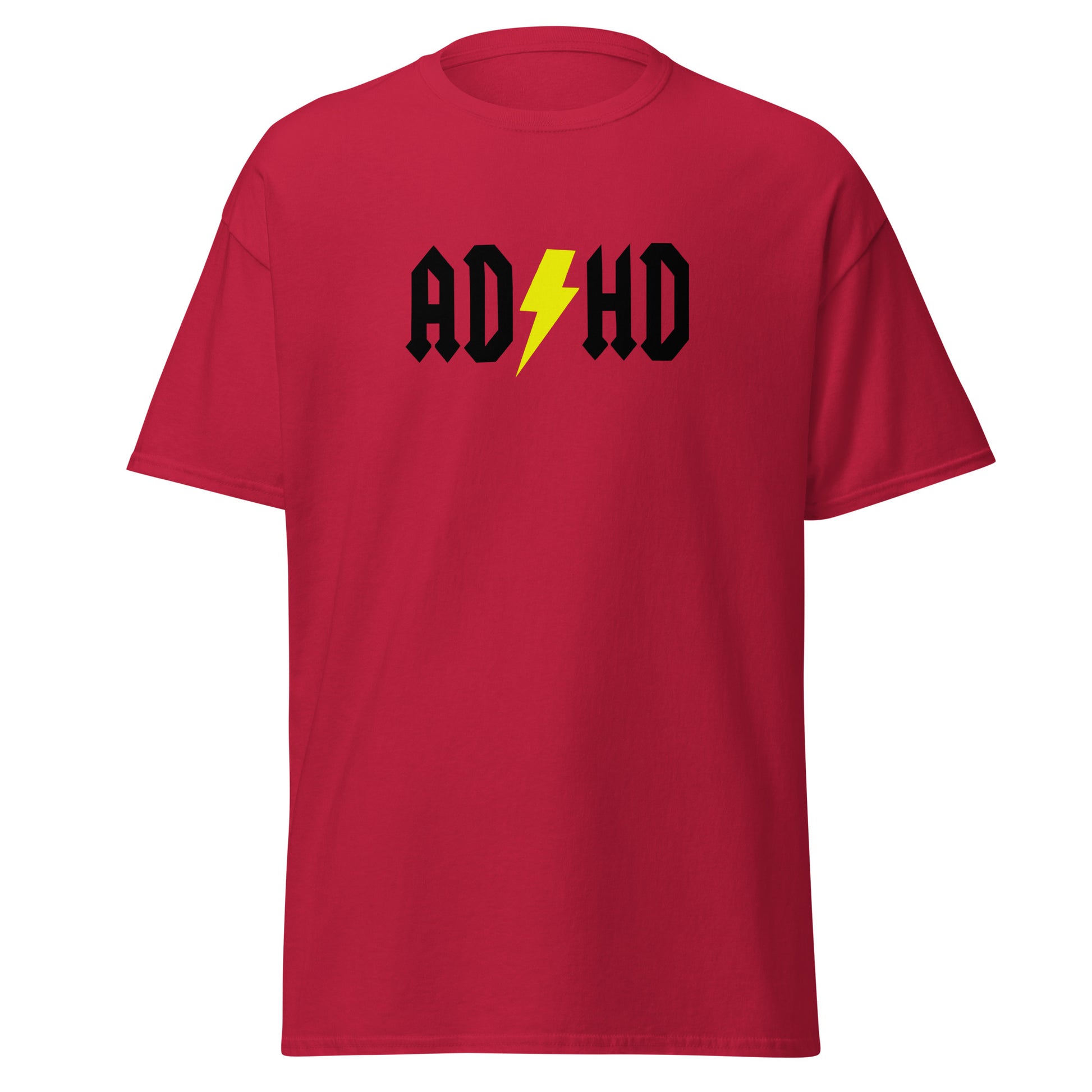 The ADHD T-Shirt by FunnyDripStore features ADHD in bold white letters with a yellow lightning bolt as the second H, styled like the AC/DC logo—a great gift for anyone who loves funny graphic tees.