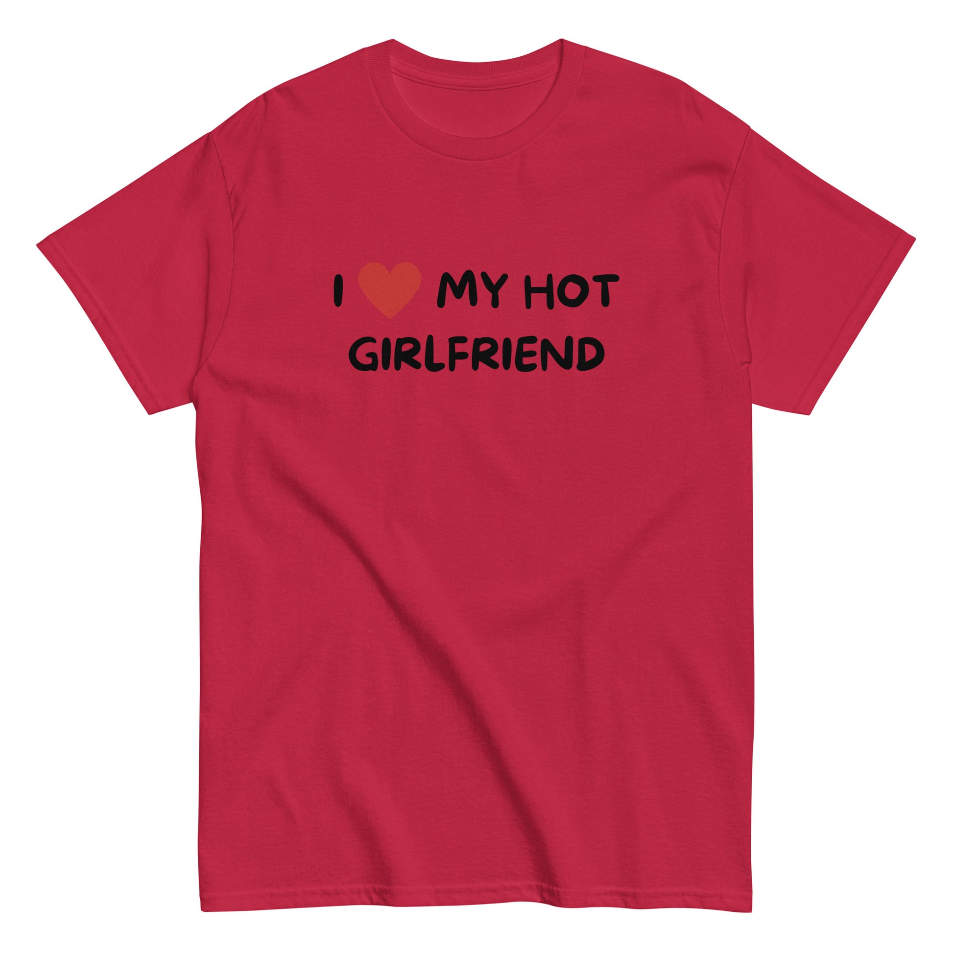 The I Love My Hot Girlfriend T-Shirt by FunnyDripStore features bold white lettering and a red heart on a purple shirt—a fun, standout choice for anyone who loves quirky and eye-catching clothing.