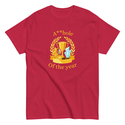 The A**hole Of The Year T-Shirt by FunnyDripStore features a black design with a gold trophy, medals, laurel wreath graphic, and bold yellow text. Perfect funny merch for anyone who loves standout humor.