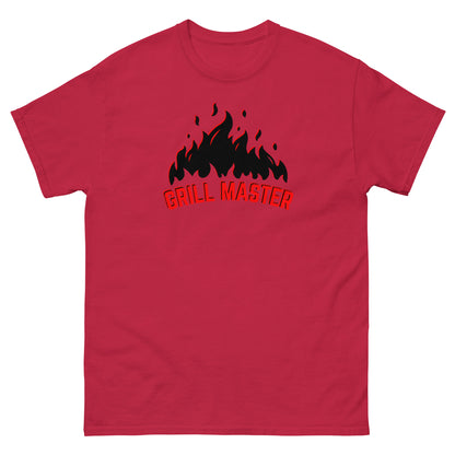 The Grill Master T-Shirt by FunnyDripStore: a yellow tee with black flames above bold red GRILL MASTER text—funny merch perfect for any BBQ lover.
