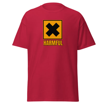 The Harmful T-Shirt by FunnyDripStore is a yellow meme shirt with a bold black X in a square above HARMFUL in black letters on the chest.