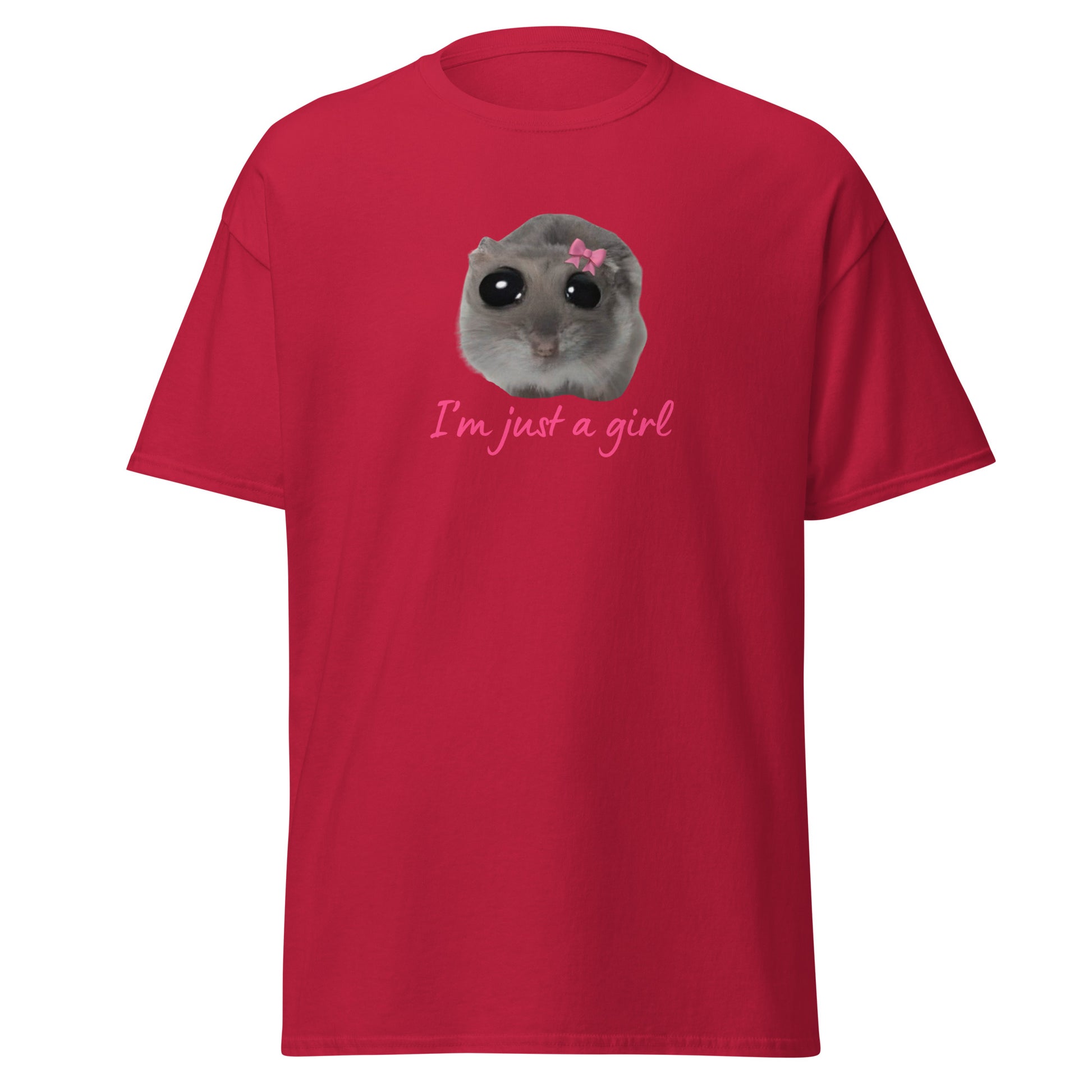 The Im Just A Girl T-Shirt from FunnyDripStore features a cute hamster with a pink bow and large eyes, plus “Im just a girl” in pink cursive—perfect for anyone who loves adorable, quirky text shirts.