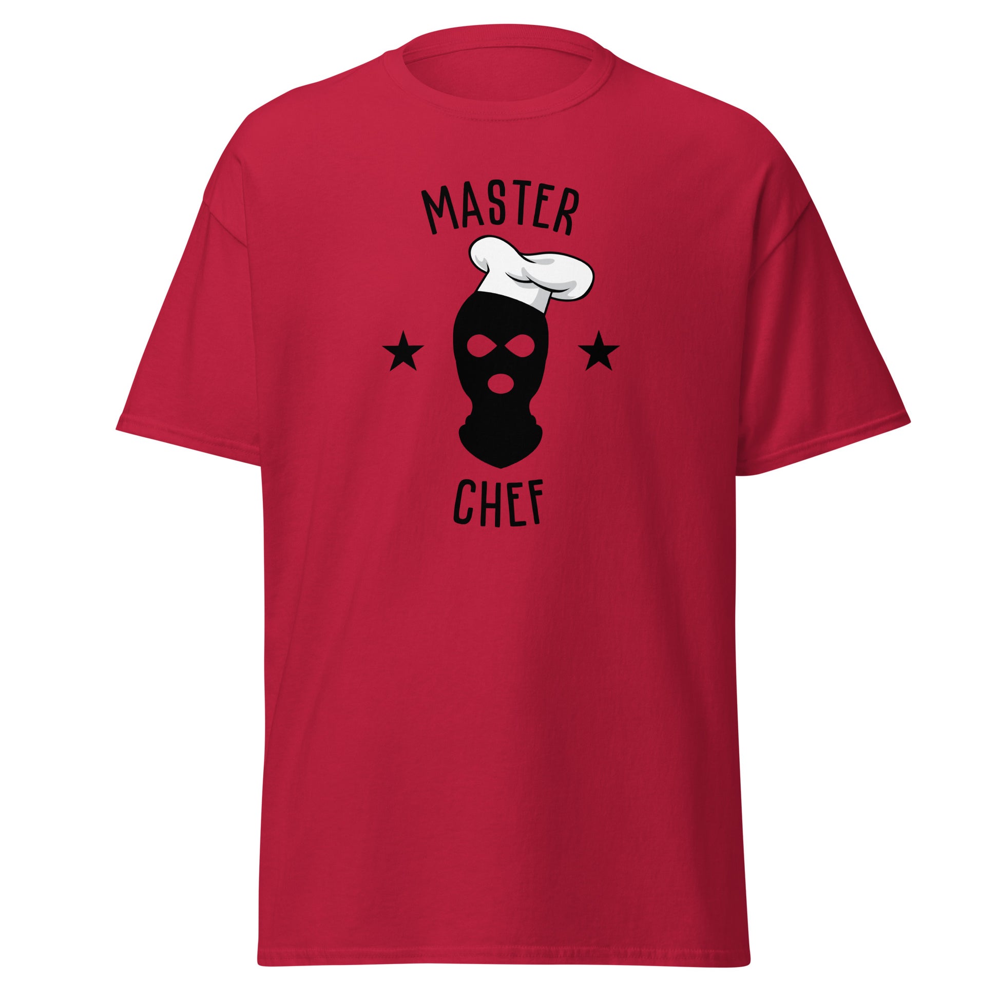 The Master Chef T-Shirt by FunnyDripStore features a black ski mask in a chef’s hat, two black stars, and bold “MASTER CHEF” text above and below the graphic.