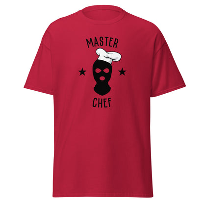 The Master Chef T-Shirt by FunnyDripStore features a black ski mask in a chef’s hat, two black stars, and bold “MASTER CHEF” text above and below the graphic.