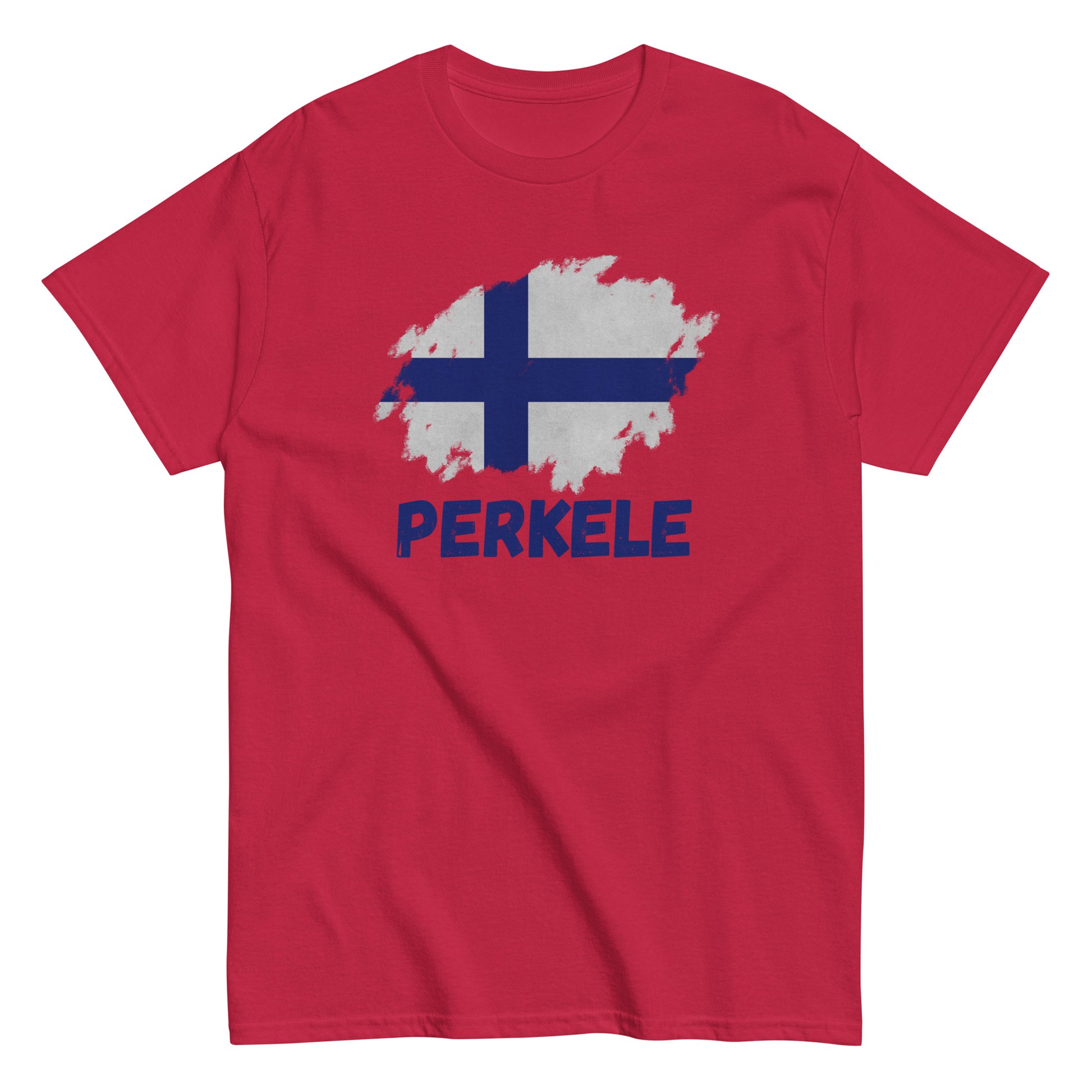 The Perkele T-Shirt by FunnyDripStore features a white design with a brushstroke Finnish flag above bold blue PERKELE text—a unique, funny tee for fans of quirky merch.