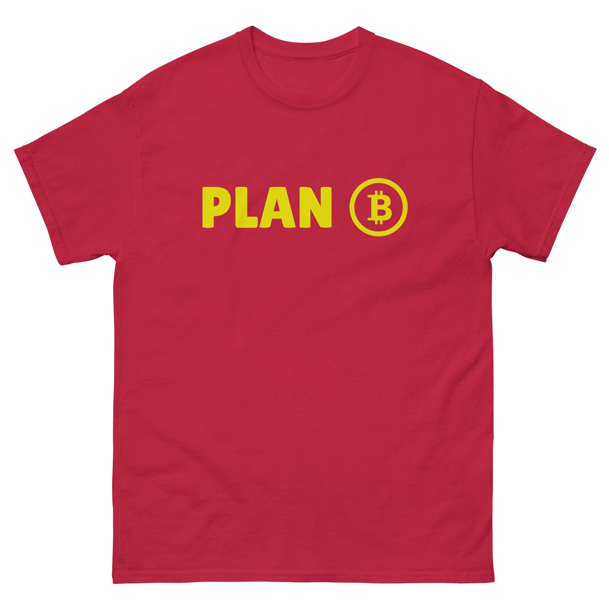 The Plan B T-Shirt from FunnyDripStore features PLAN in bold yellow letters and a yellow Bitcoin symbol inside a circle on the chest—a fun meme shirt perfect for fans of funny clothing.