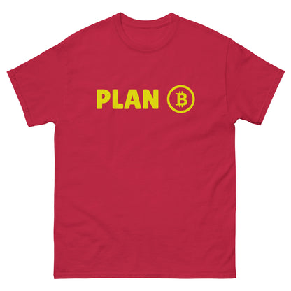 The Plan B T-Shirt from FunnyDripStore features PLAN in bold yellow letters and a yellow Bitcoin symbol inside a circle on the chest—a fun meme shirt perfect for fans of funny clothing.