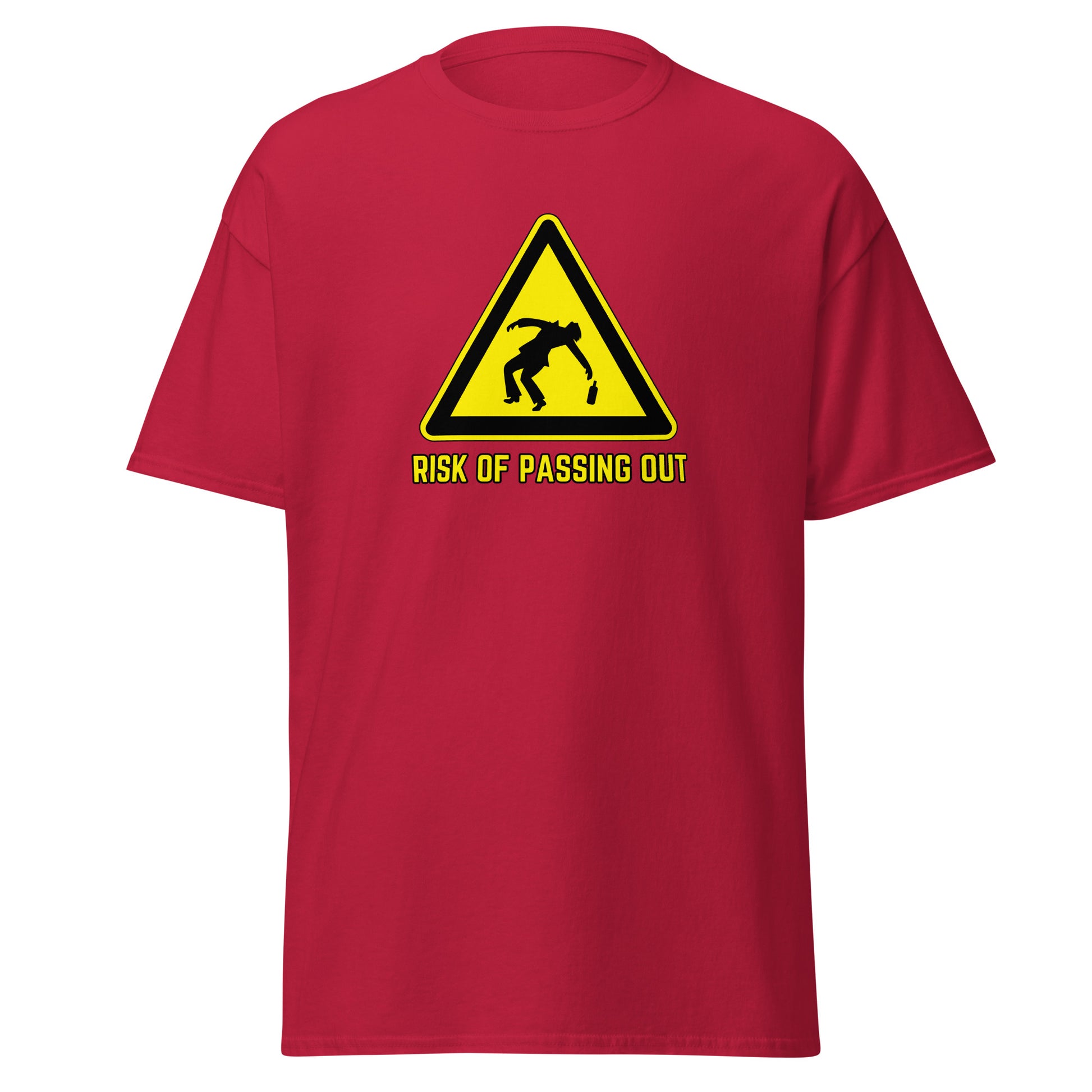 The Risk Of Passing Out T-Shirt by FunnyDripStore is a black tee with a yellow warning sign and “RISK OF PASSING OUT” text—a perfect meme shirt for fans of bold, humorous style.