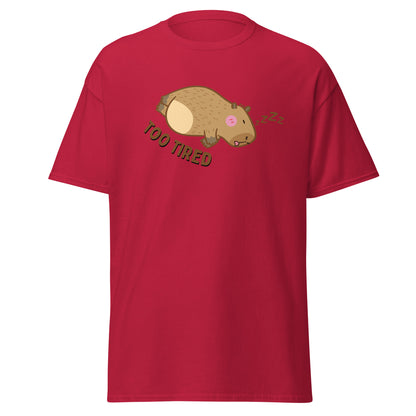 The Too Tired T-Shirt by FunnyDripStore is a white tee with a cute cartoon capybara sleeping on its side and TOO TIRED text—ideal for fans of funny clothing and charming, sleepy vibes.